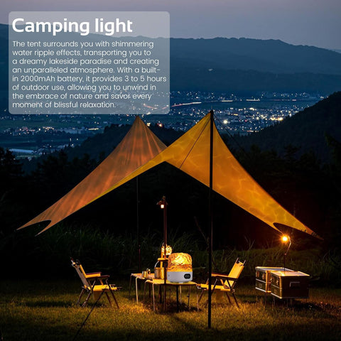 Camping light setup with a tent, table, and chairs in a scenic outdoor setting.