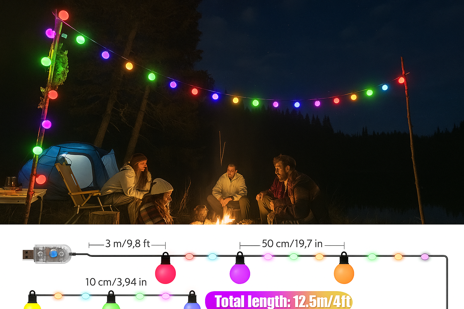 Camping scene with colorful string lights and people around a campfire at night.