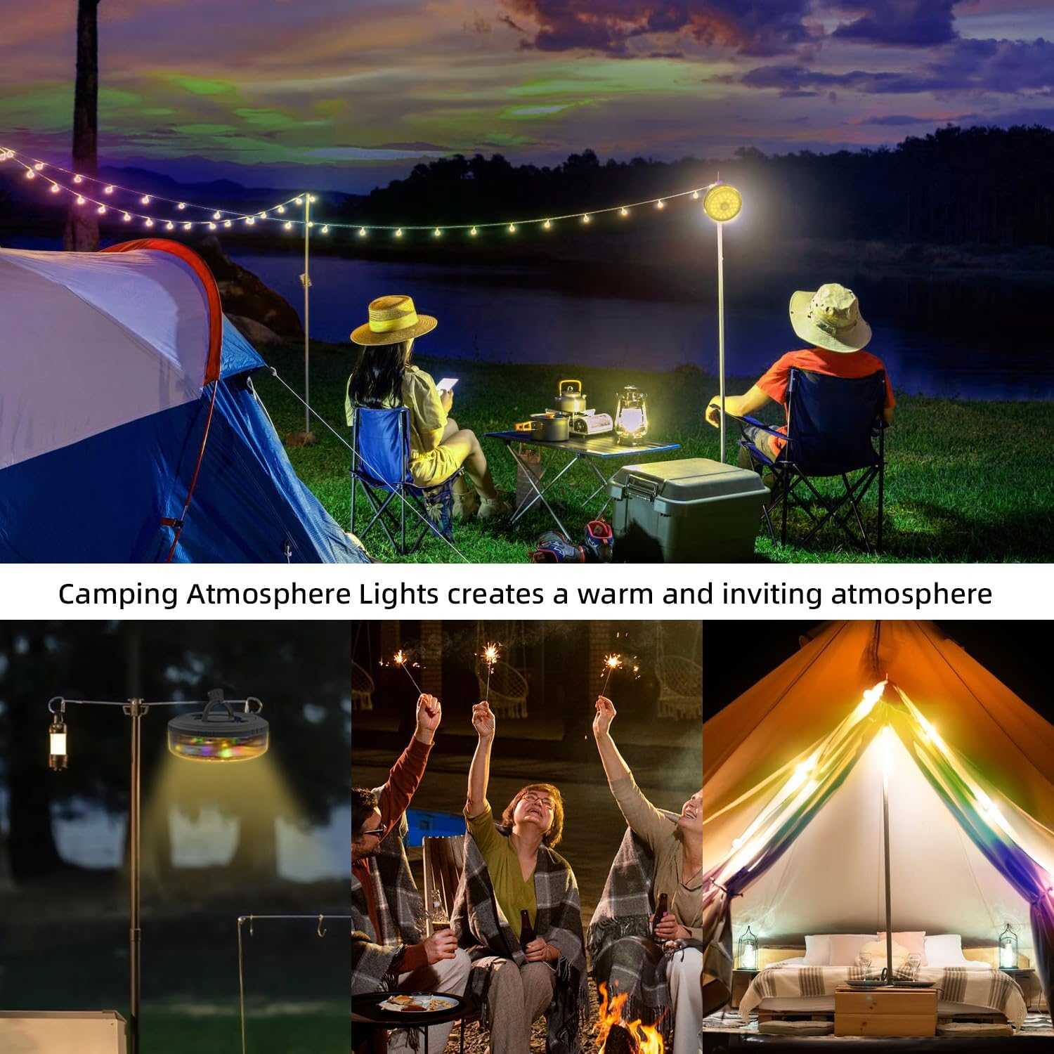 Camping scene with string lights, people around a campfire, and a rainbow tent.