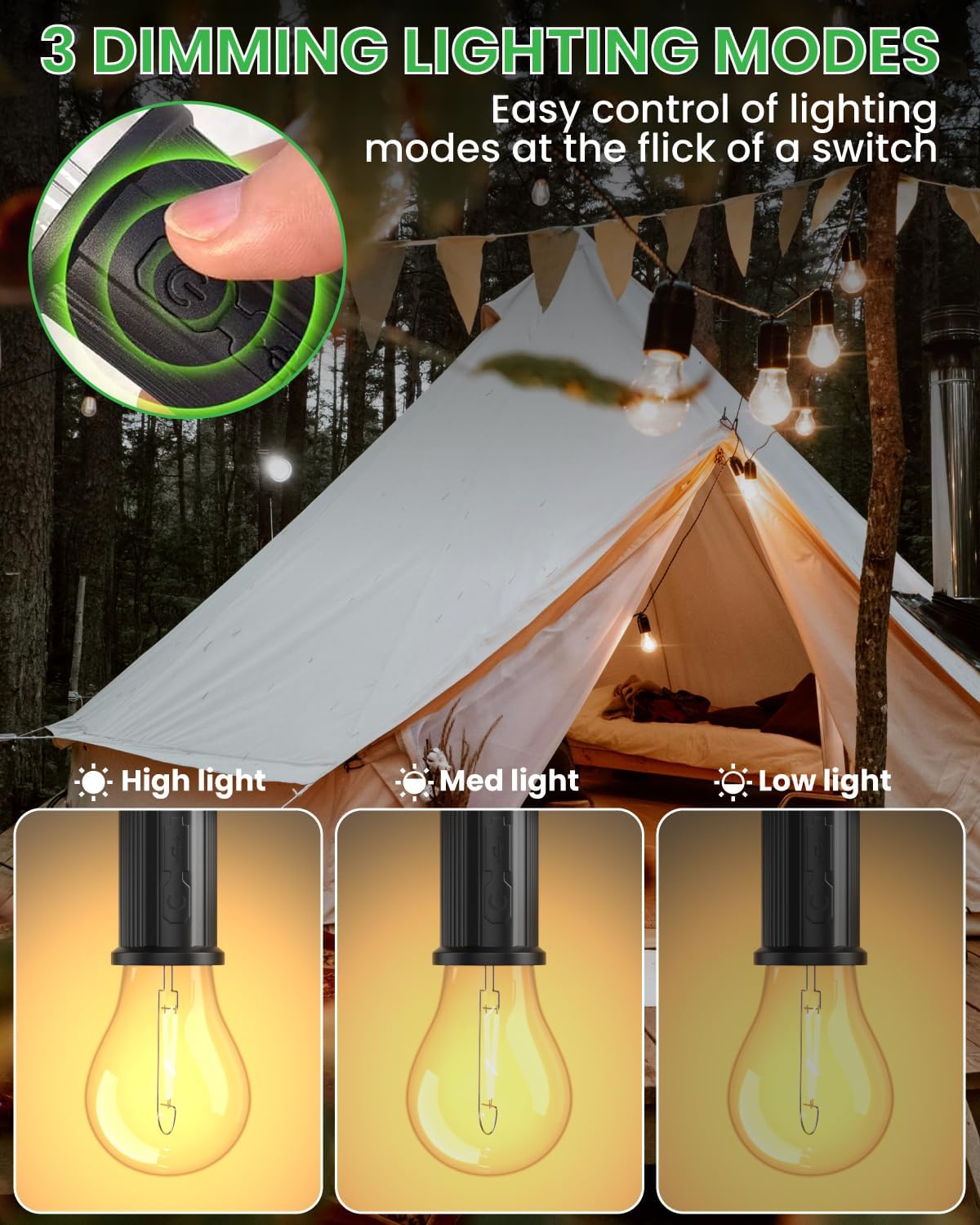 Camping tent with string lights and dimming options displayed on screen