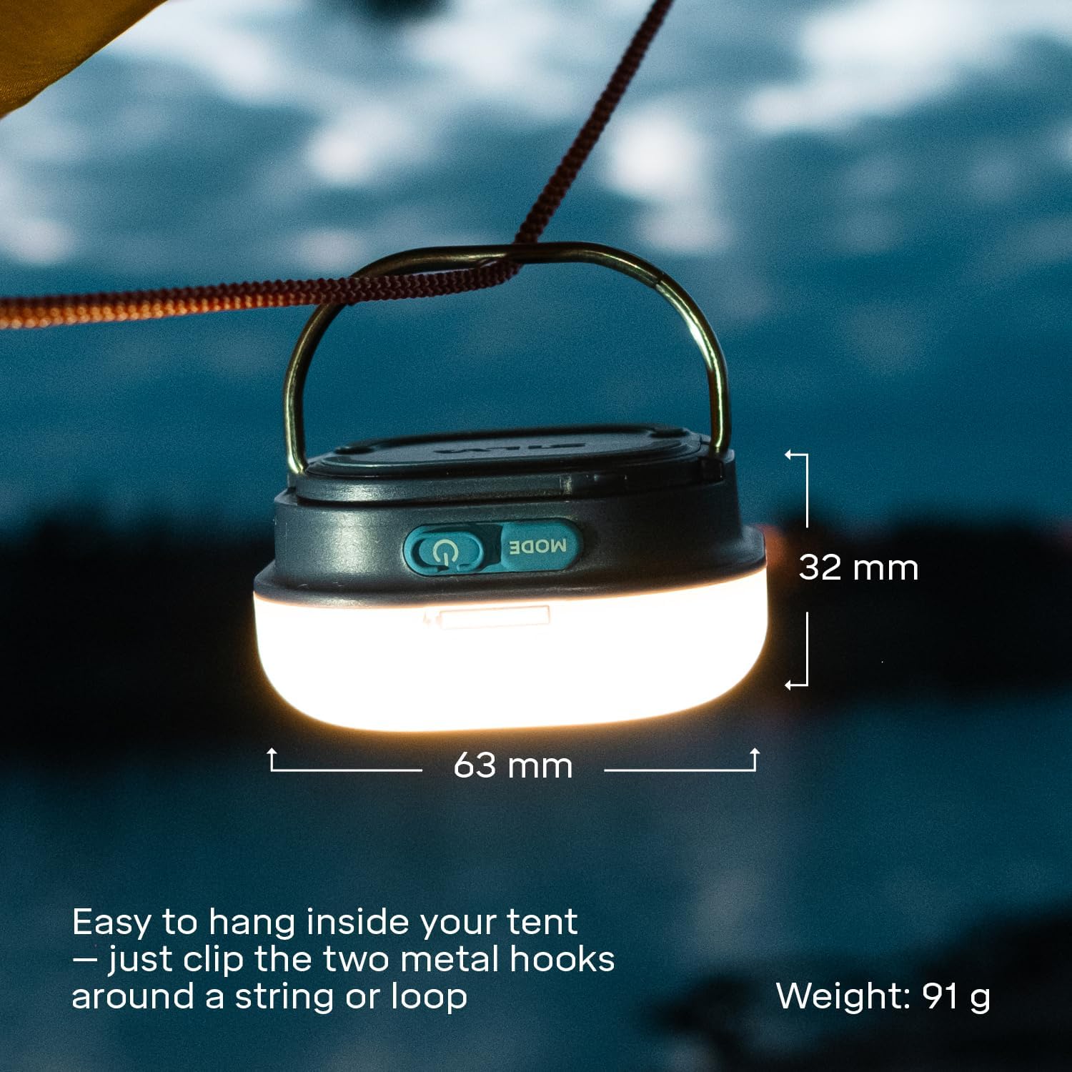 Camping lantern with measurements and text on a dark background