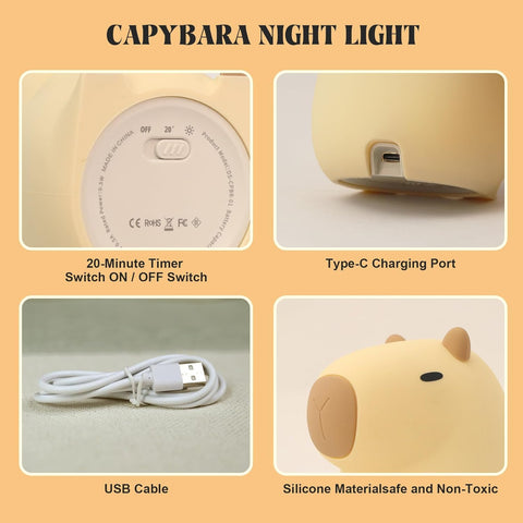Capybara night light with features like timer, charging port, USB cable, and silicone material on a beige background.