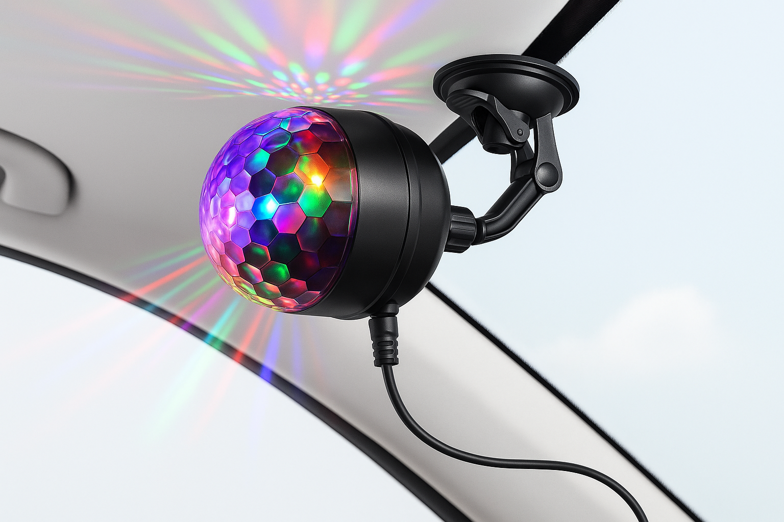 Car-mounted disco ball with colorful light effects inside a vehicle.