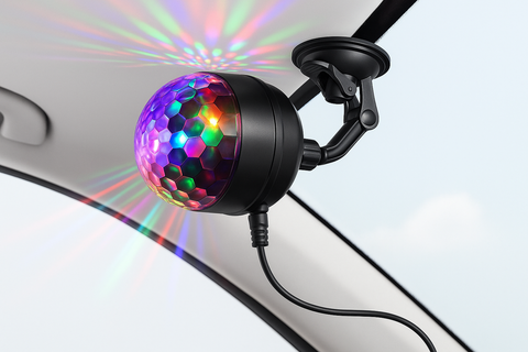 Car-mounted disco ball with colorful light effects inside a vehicle.