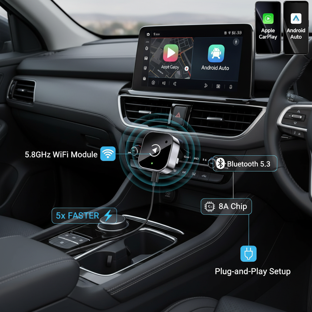 Car dashboard with a navigation system displaying connectivity features.