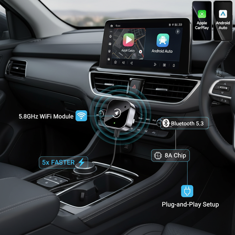 Car dashboard with a navigation system displaying connectivity features.