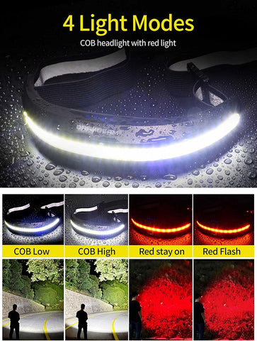 Car headlight with red light feature, showing different light modes on a dark background.