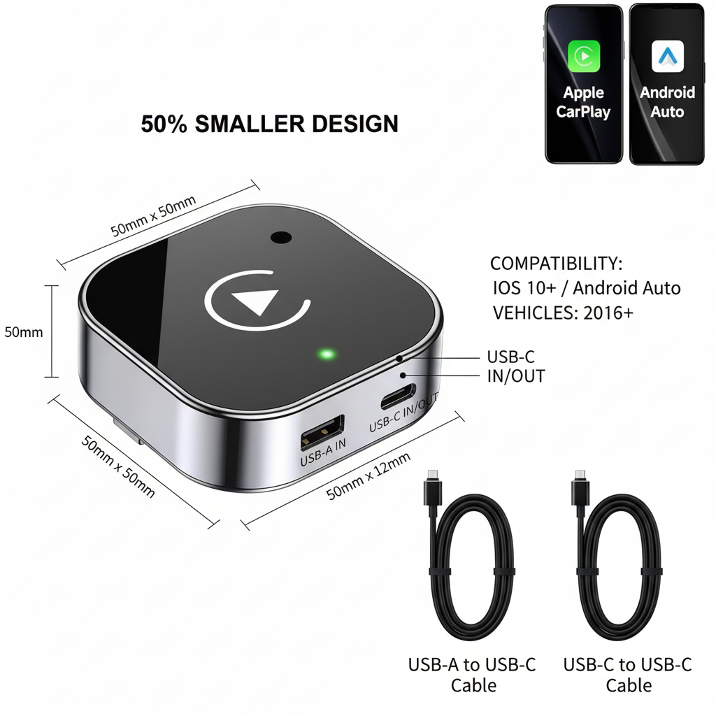 Car multimedia adapter with dimensions, compatibility details, and cables on a white background