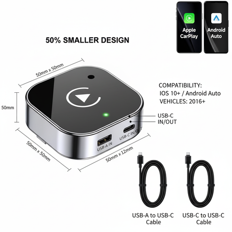 Car multimedia adapter with dimensions, compatibility details, and cables on a white background