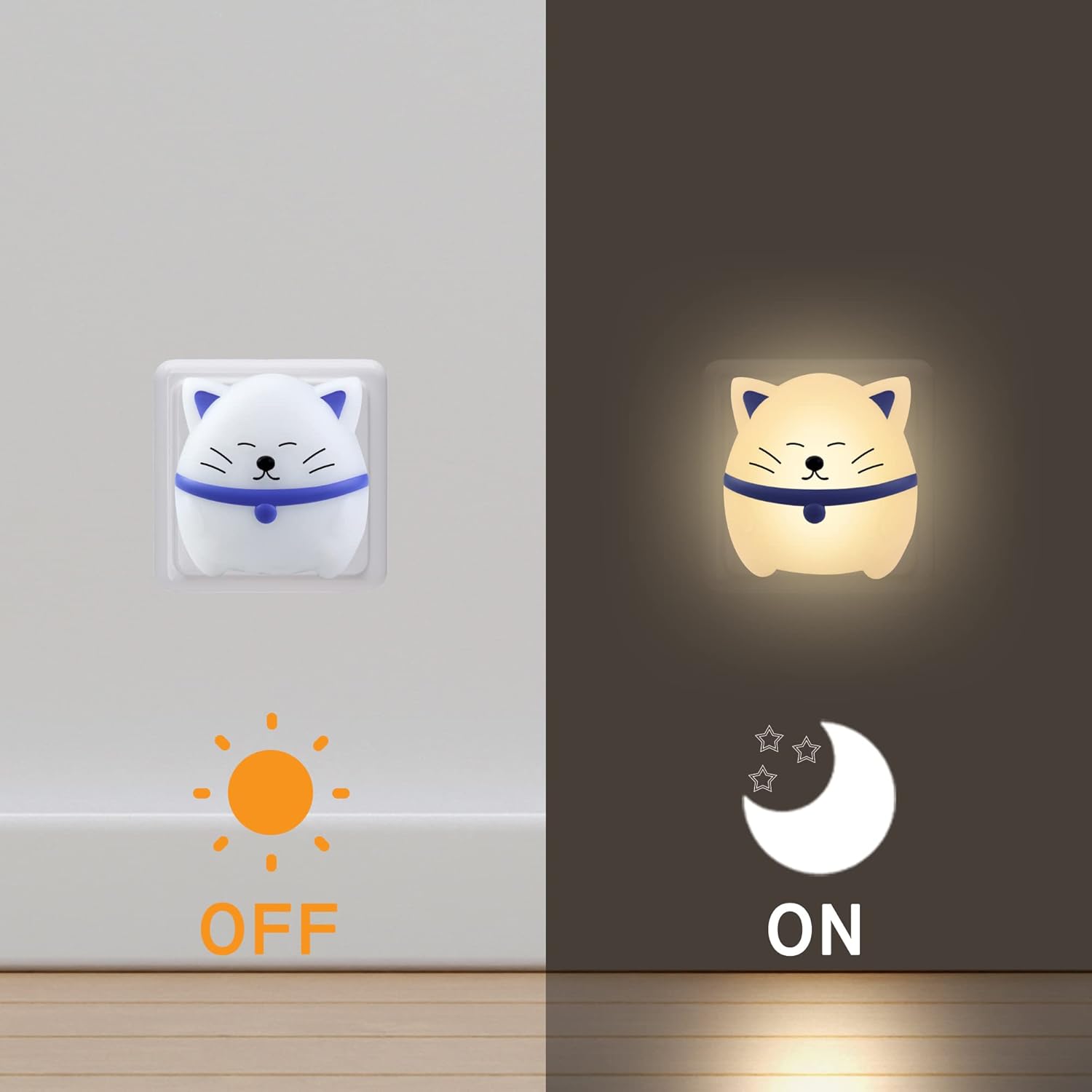 Cat-shaped night light switch with 'OFF' and 'ON' indicators on a neutral background
