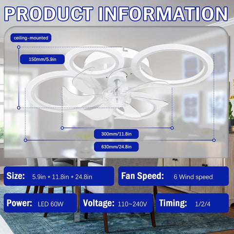 Ceiling-mounted fan with dimensions and specifications displayed on a clear background