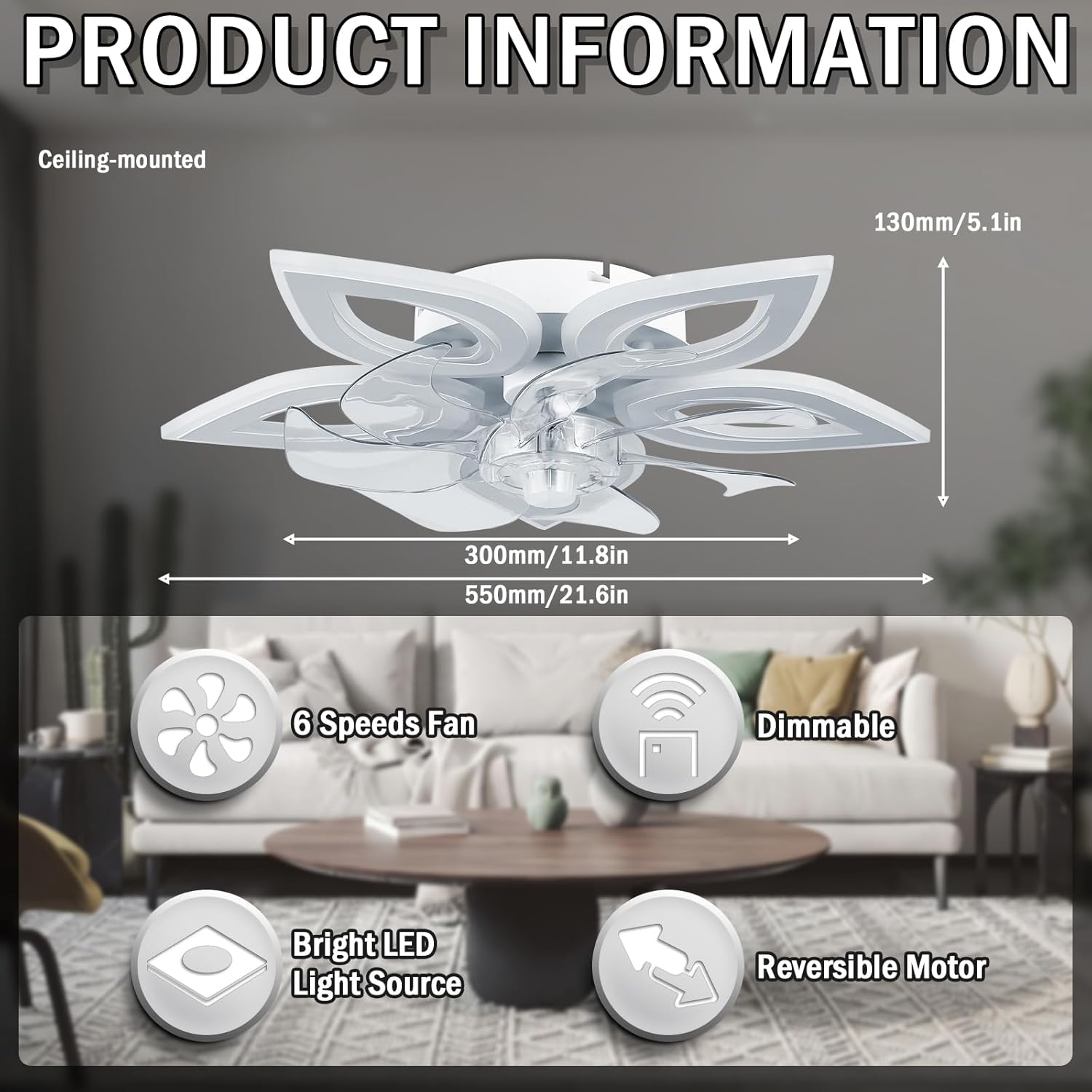 Ceiling-mounted light fixture with dimensions and features displayed over a blurred living room background.