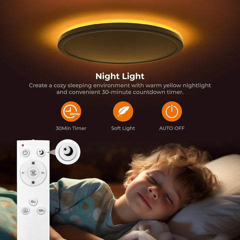 Ceiling-mounted night light with remote control and child sleeping in the dark