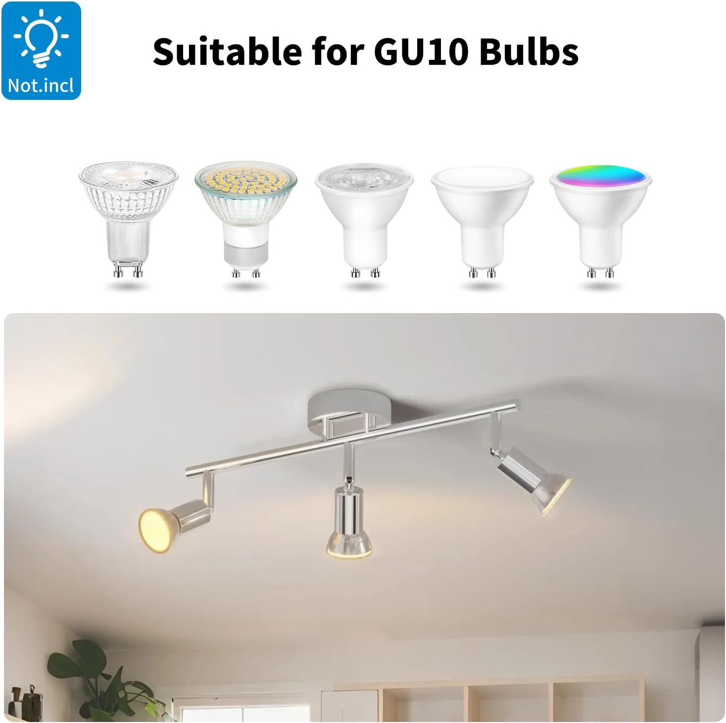 Ceiling light fixture with GU10 bulb compatibility on a white background