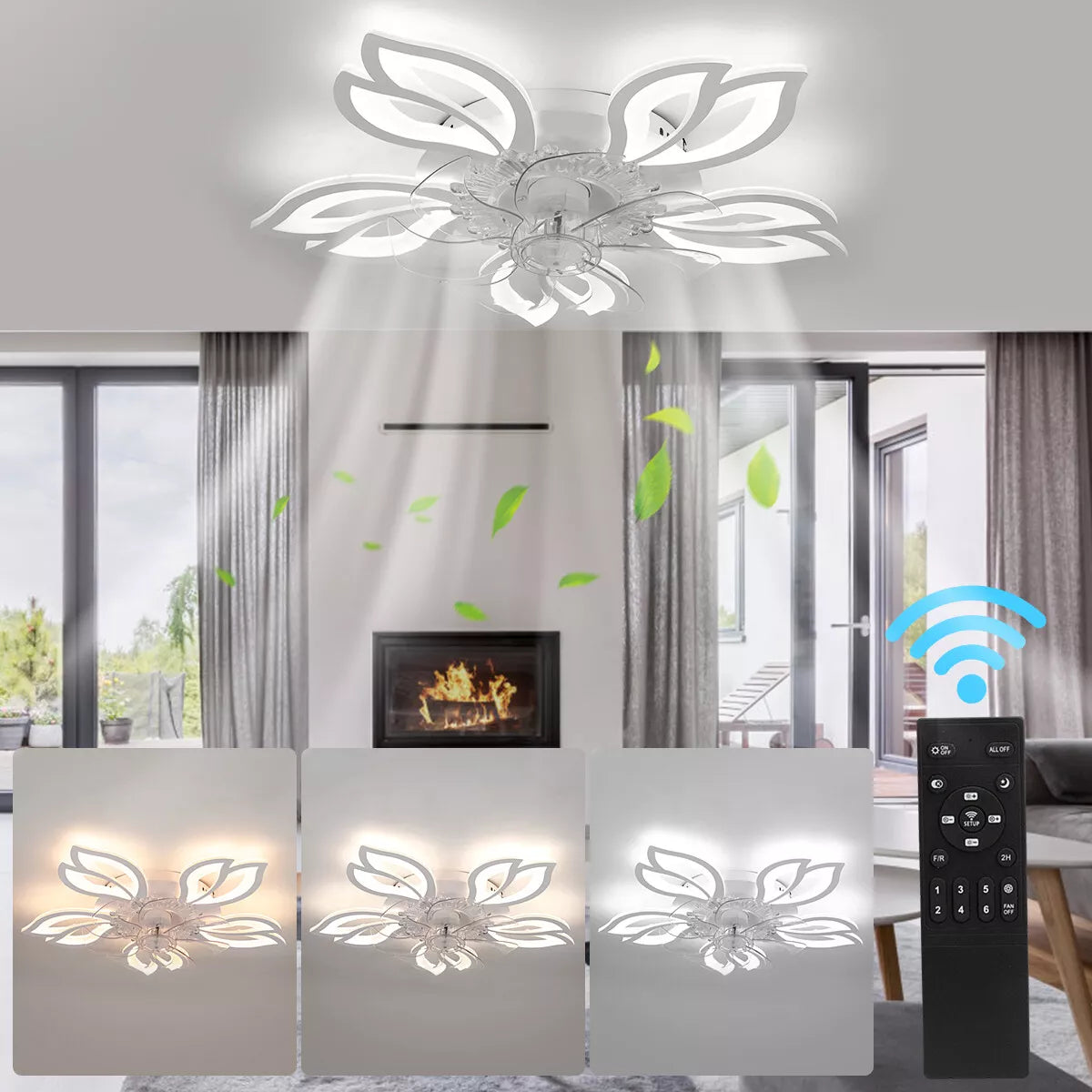 Ceiling Fan with Lighting 100W Modern Silent Fan Lamp with Dimmable LED Fan 10 Lights Reversible Flower Shape Ceiling Light for Living Room Bedroom
