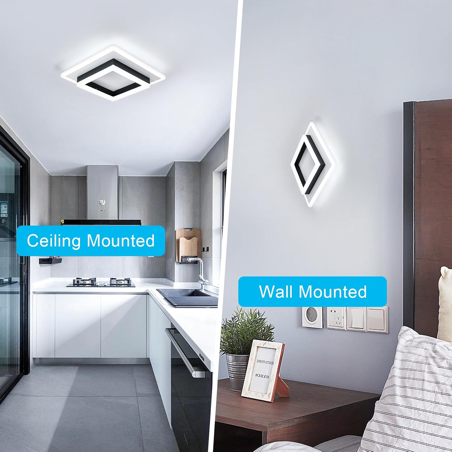 Ceiling and wall-mounted LED lights in a kitchen and bedroom setting.