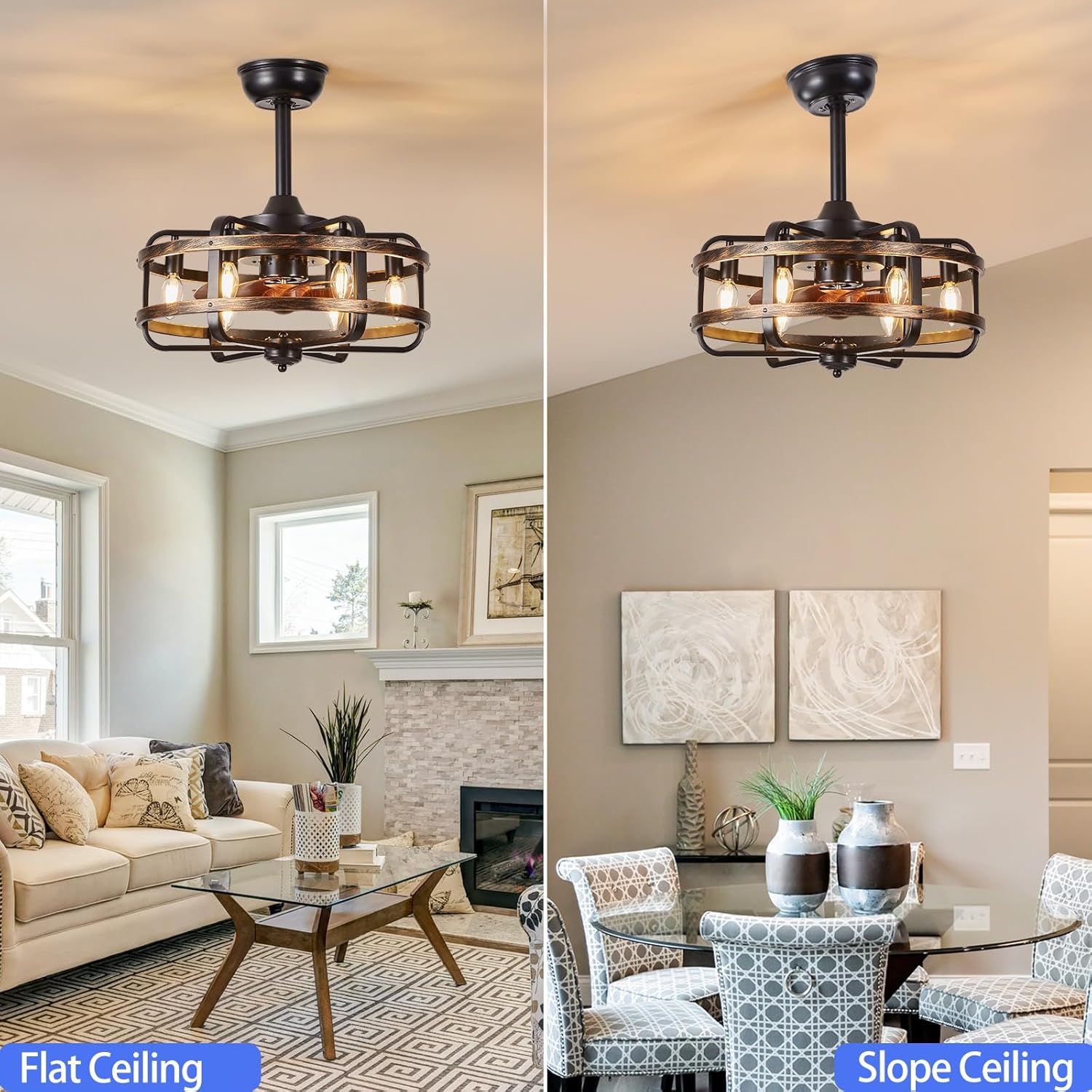 Ceiling fan comparison between flat and slope ceiling in a living room setting.