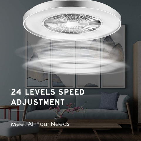 Ceiling fan in a living room with text highlighting speed adjustment features