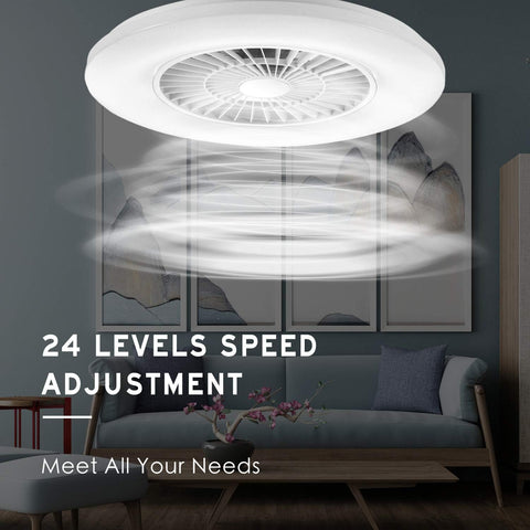 Ceiling fan in a living room with text highlighting speed adjustment options