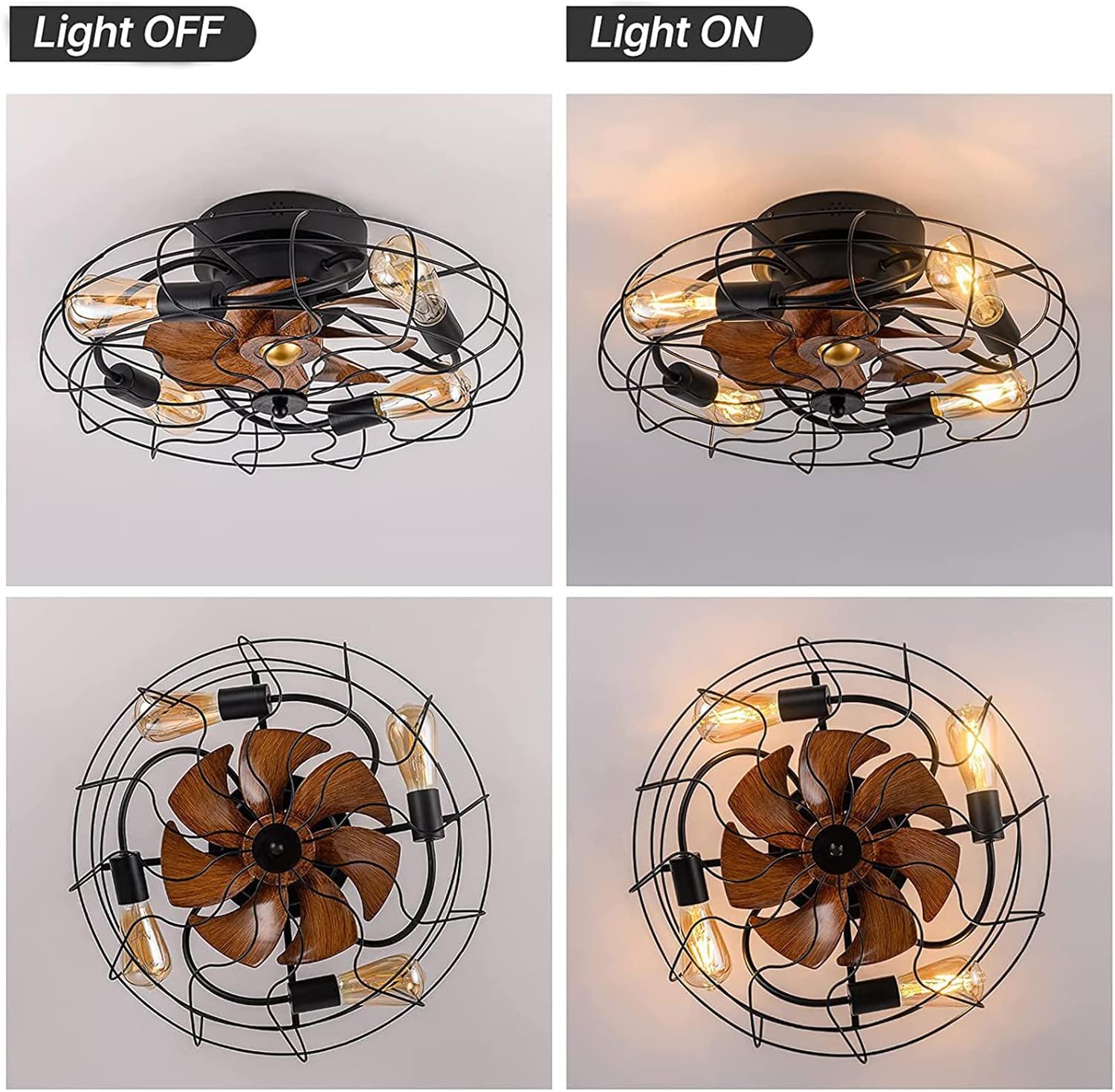 Ceiling fan light fixture shown with and without lights on a gray background