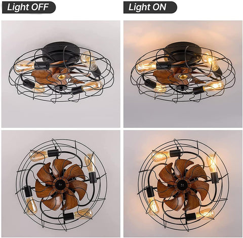 Ceiling fan light fixture shown with and without lights on a gray background