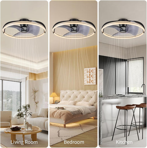 Ceiling fan shown in a living room, bedroom, and kitchen setting.