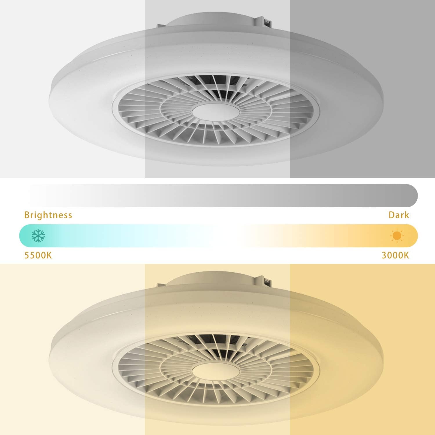 Ceiling fan with brightness and color temperature options displayed.