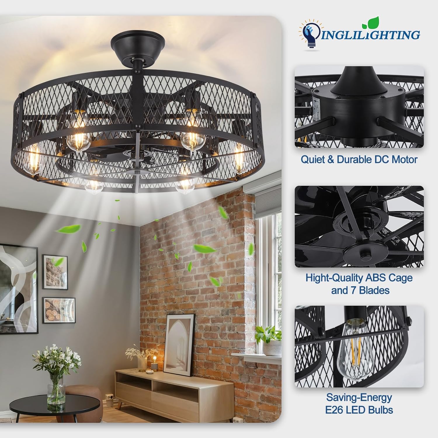 Ceiling fan with decorative cage in a room setting, featuring INGLILIGHTING branding.