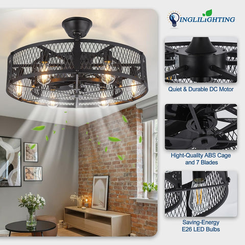 Ceiling fan with decorative cage in a room setting, featuring INGLILIGHTING branding.