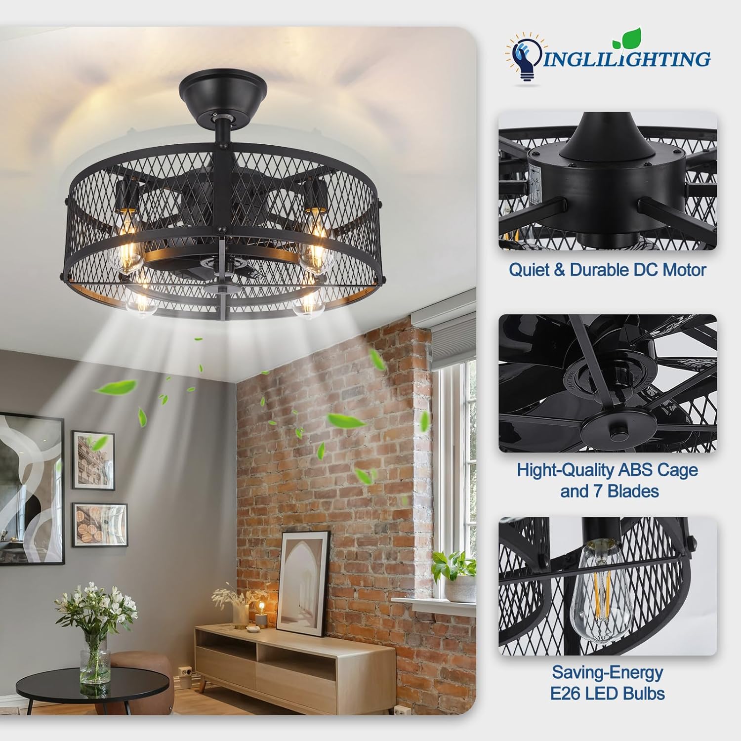 Ceiling fan with decorative cage in a room setting, featuring INGLILIGHTING branding.