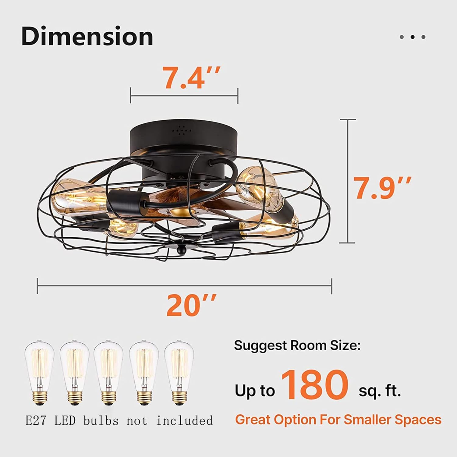 Ceiling fan with dimensions and bulb information on a white background