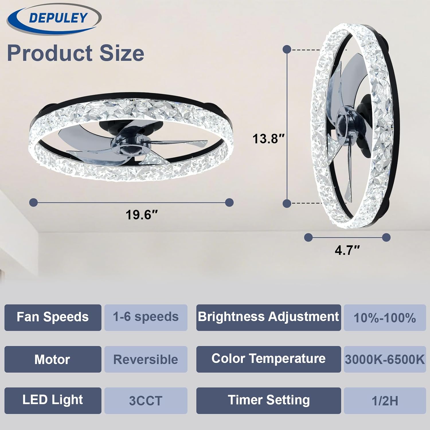Ceiling fan with dimensions and feature list on a white background