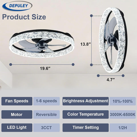 Ceiling fan with dimensions and feature list on a white background