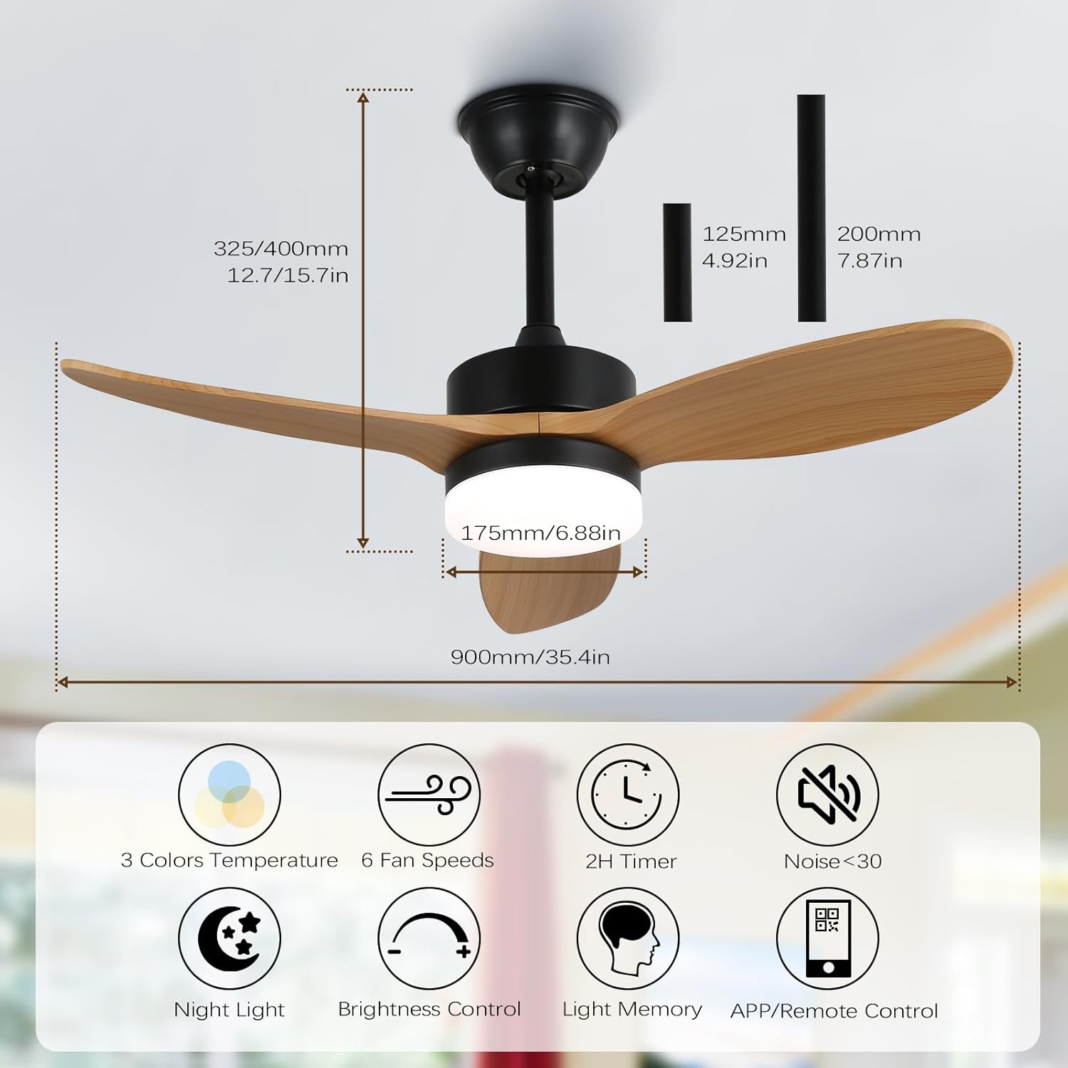 Ceiling fan with dimensions and features displayed on a white background