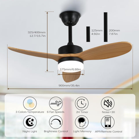 Ceiling fan with dimensions and features displayed on a white background