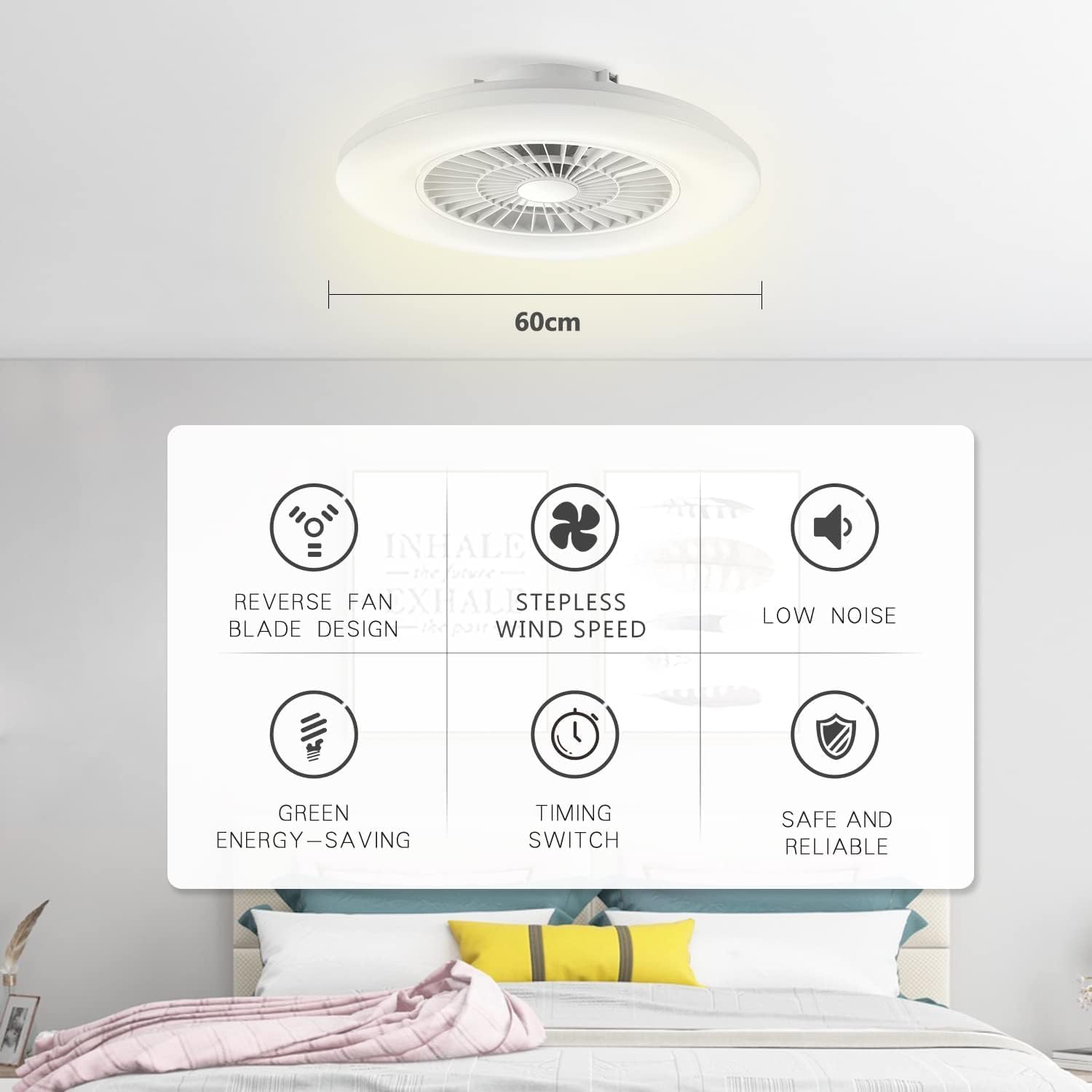 Ceiling fan with features highlighted on a bedroom background