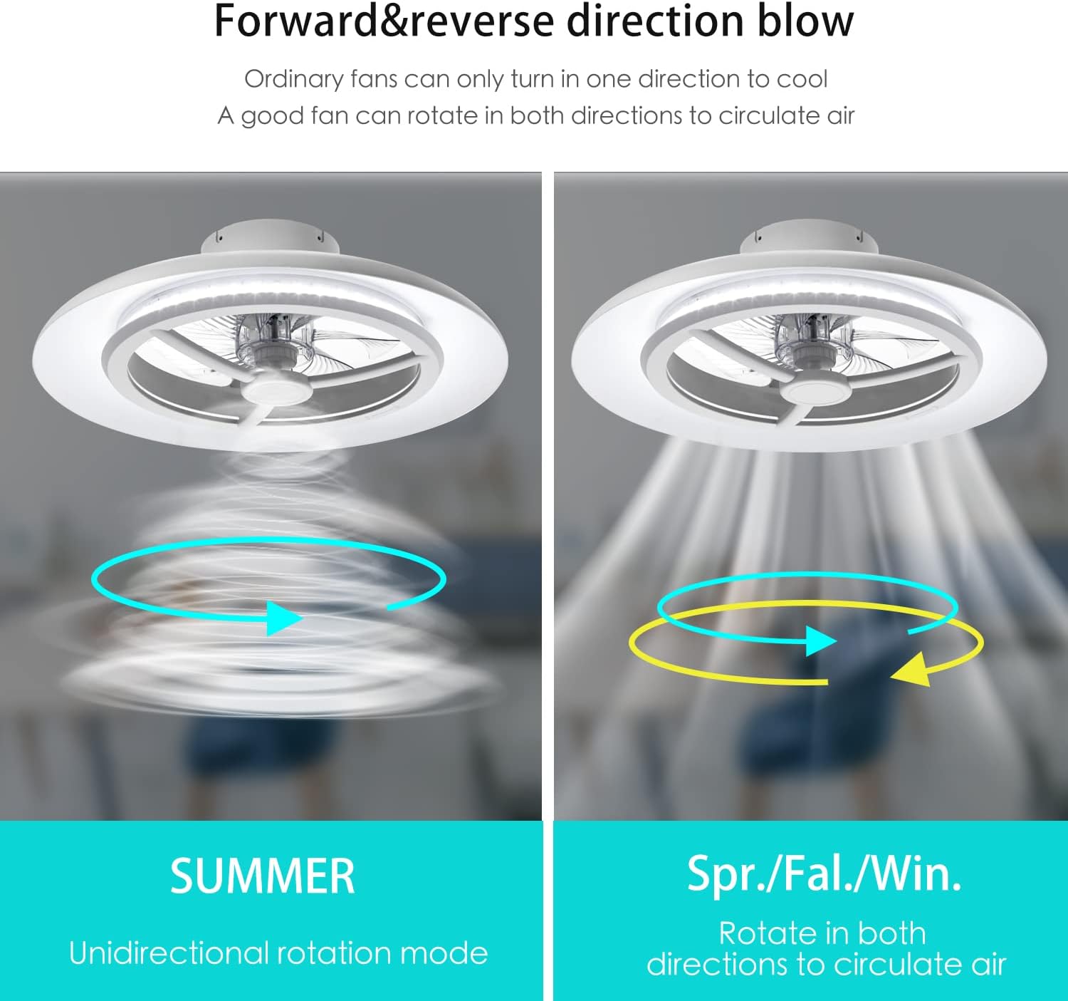 Ceiling fan with forward and reverse direction blow feature, showing summer and spring/fall/winter modes.