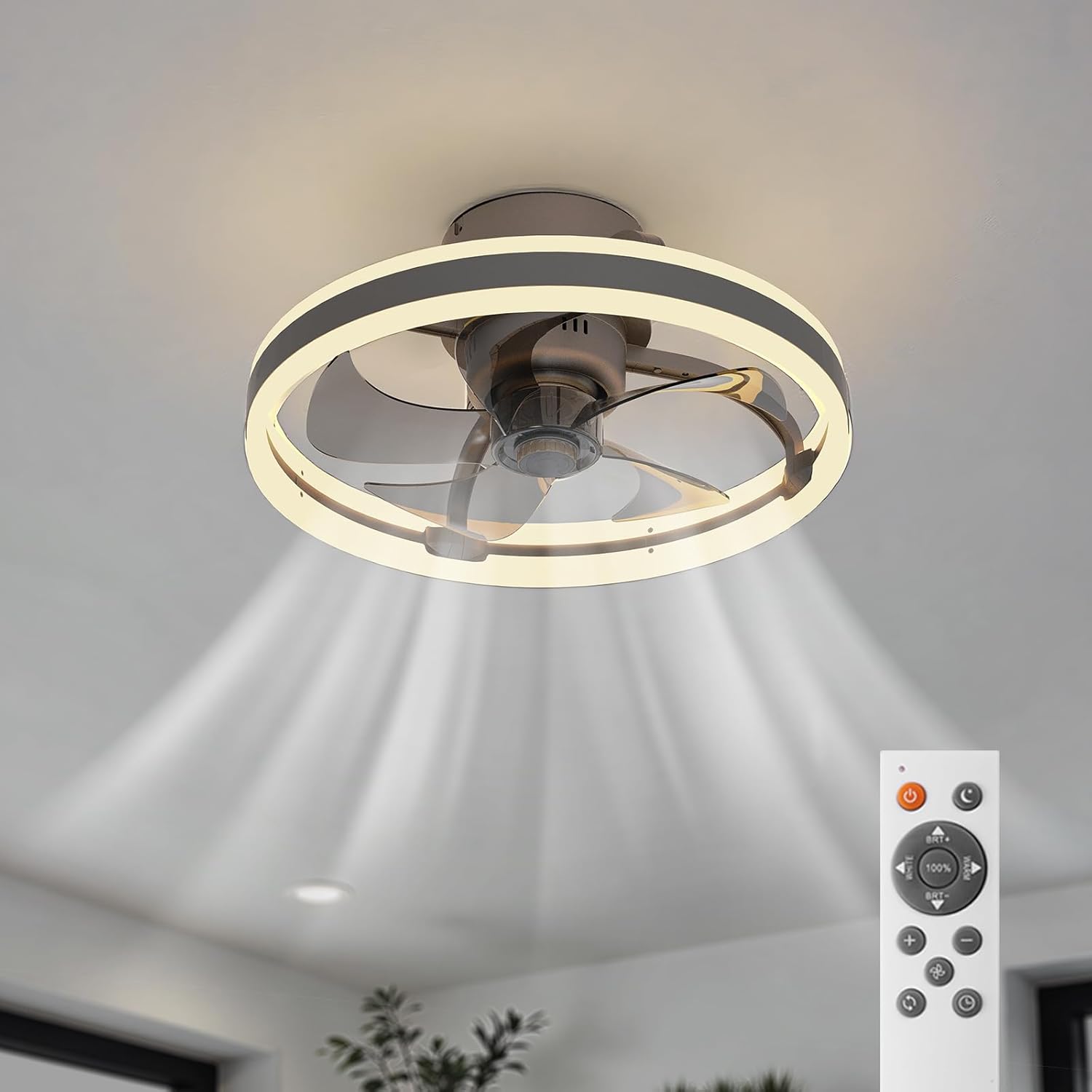 Ceiling fan with light fixture and remote control on a neutral background