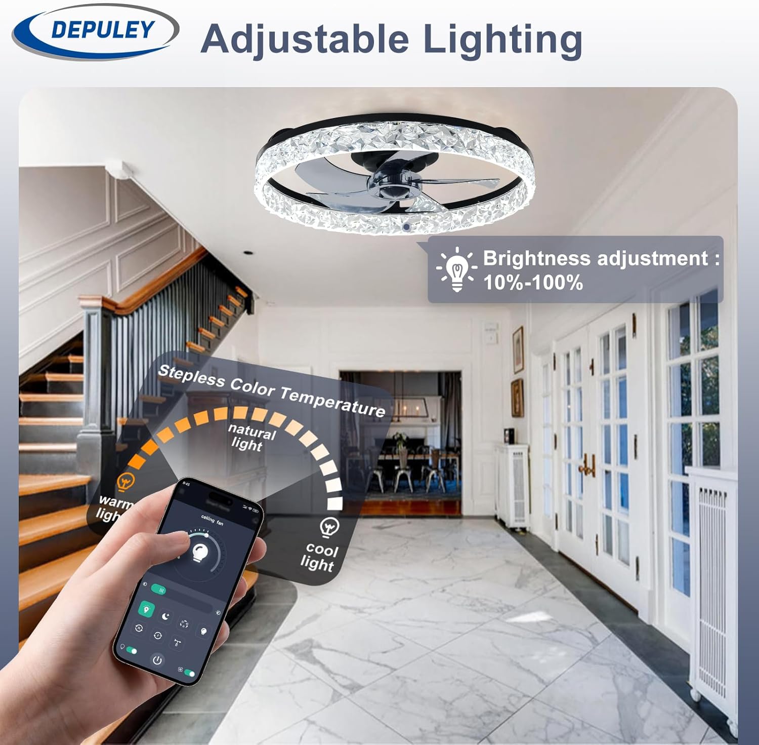 Ceiling fan with light fixture and smartphone app control in a home setting, featuring Depuley brand.