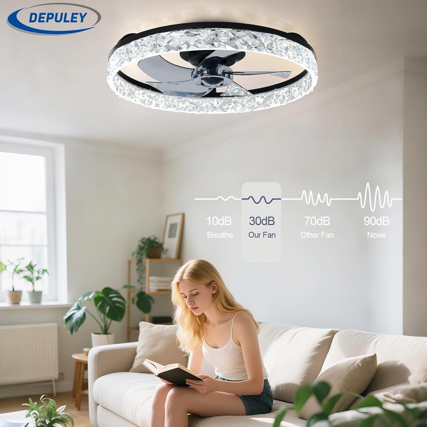 Ceiling fan with light fixture in a living room setting, featuring the brand 'DEPULEY'.