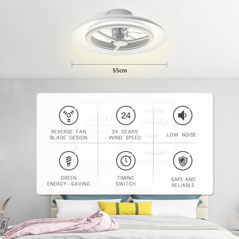 Ceiling fan with light fixture on a ceiling, featuring product features and specifications.