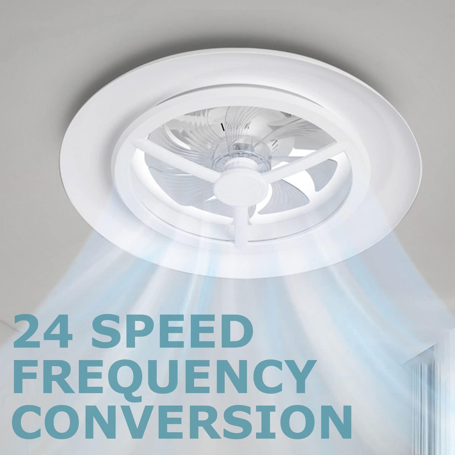 Ceiling fan with light fixture on a gray background, featuring text about speed and frequency conversion.