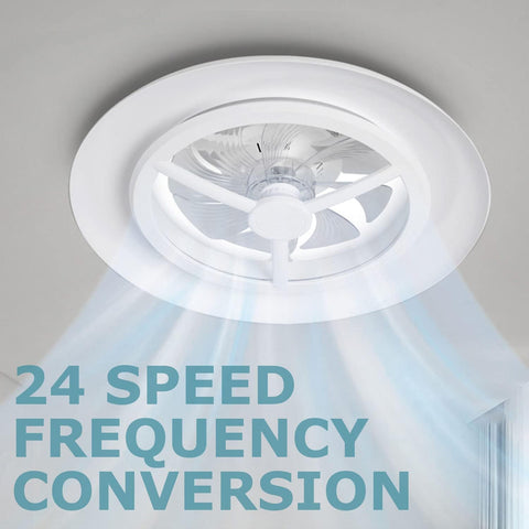 Ceiling fan with light fixture on a gray background, featuring text about speed and frequency conversion.