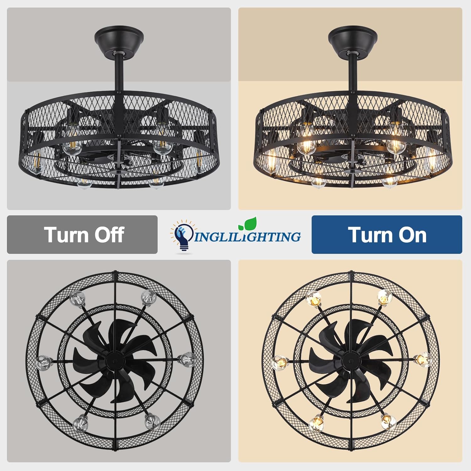Ceiling fan with light fixture showing 'Turn Off' and 'Turn On' states, featuring the Inglighting brand.