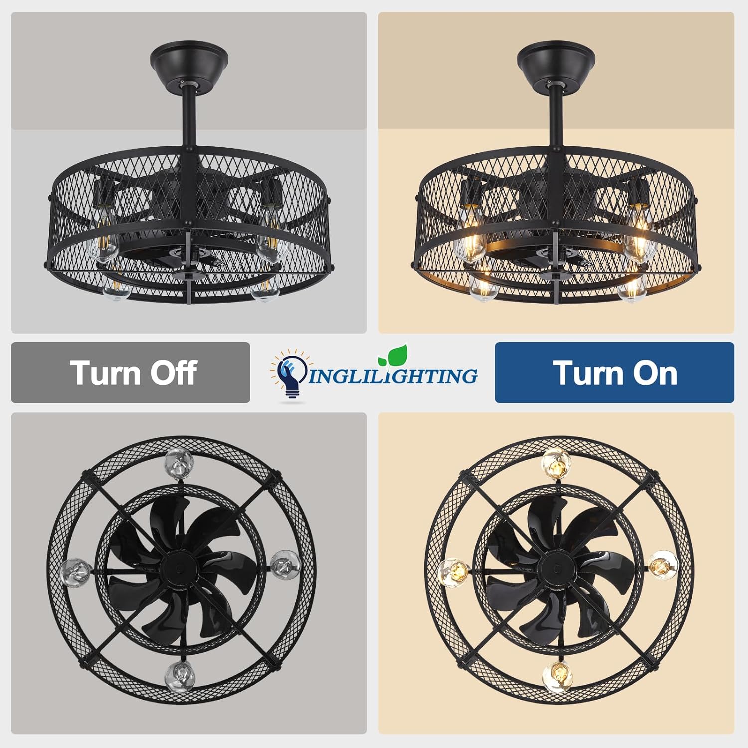 Ceiling fan with light fixture shown in 'Turn Off' and 'Turn On' states, featuring Inglighting brand.