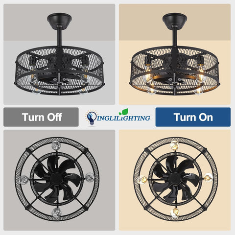 Ceiling fan with light fixture shown in 'Turn Off' and 'Turn On' states, featuring Inglighting brand.