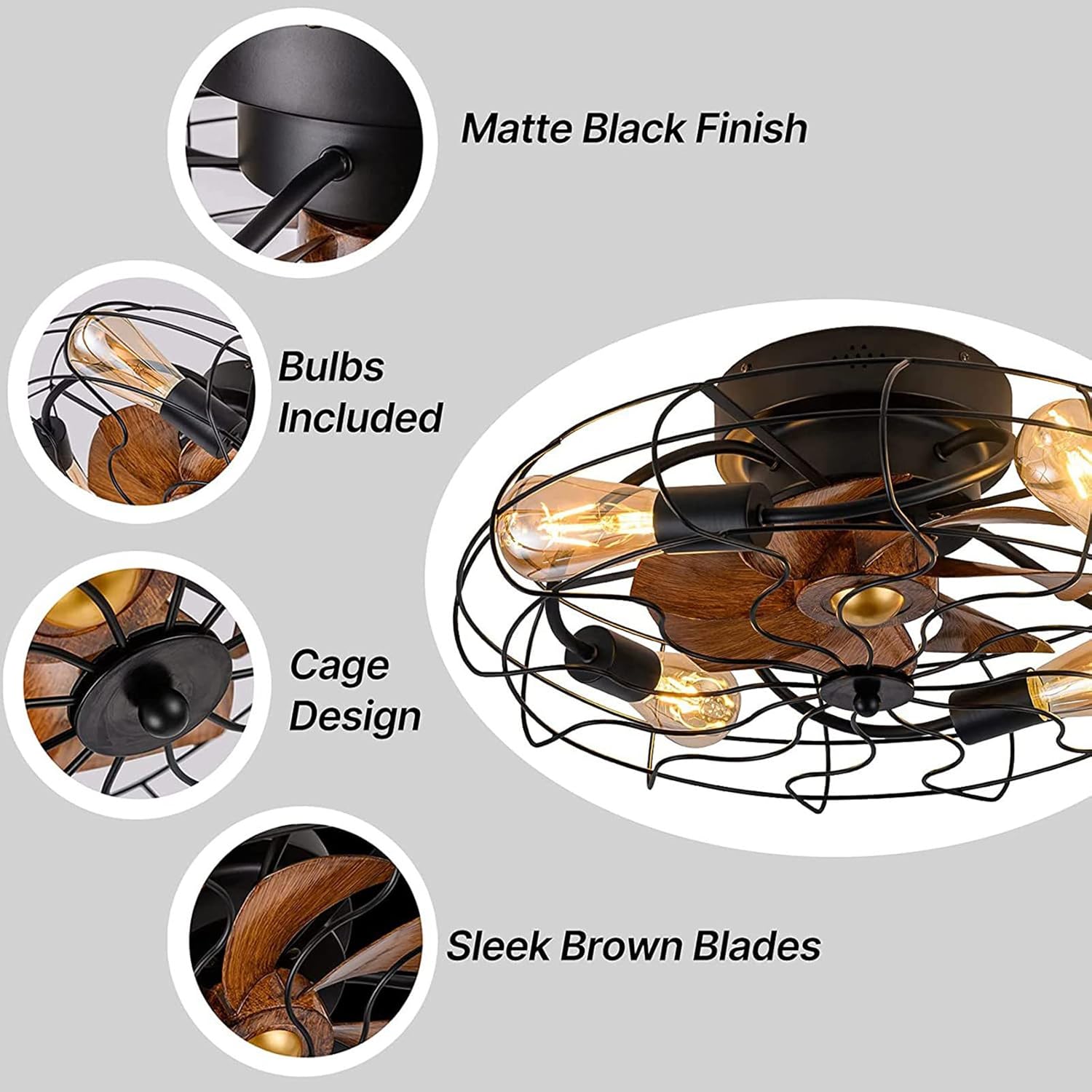 Ceiling fan with matte black finish, bulbs included, cage design, and sleek brown blades on a gray background.