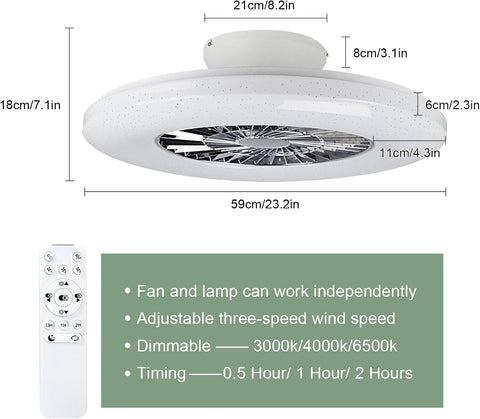 Ceiling fan with remote control and dimensions displayed on a white background