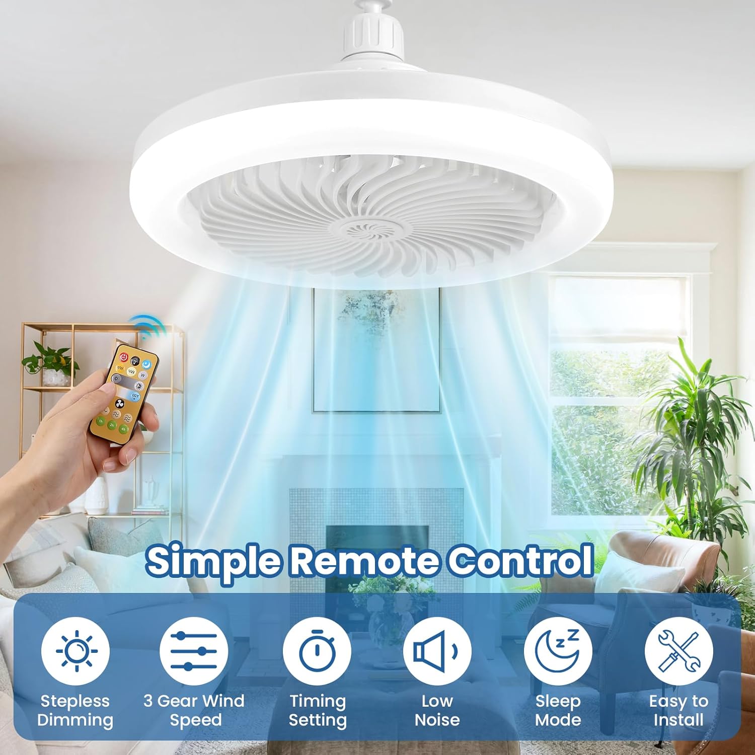 Ceiling fan with remote control in a living room setting
