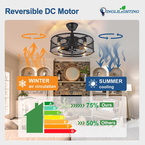 Ceiling fan with reversible DC motor in a living room setting, showing winter air circulation and summer cooling functions.